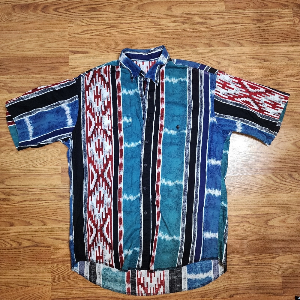 Vtg Wrangler Aztec Southwest Print Short Sleeve Button Up Shirt Men’s Sz L Read